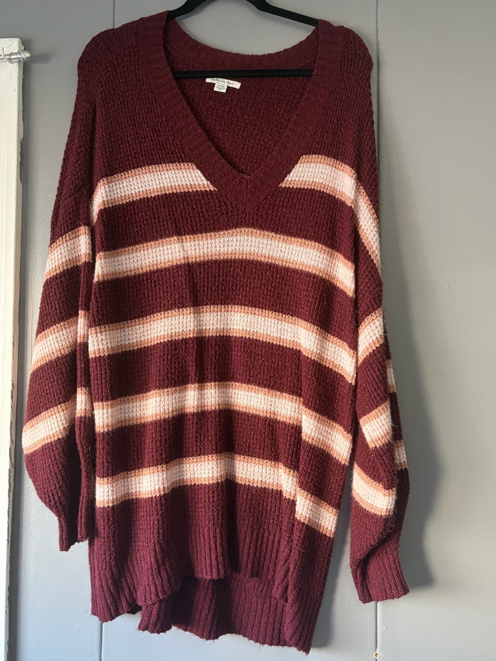 American Eagle Outfitters Maroon V-Neck Sweater with Cream & Light Pink Stripes